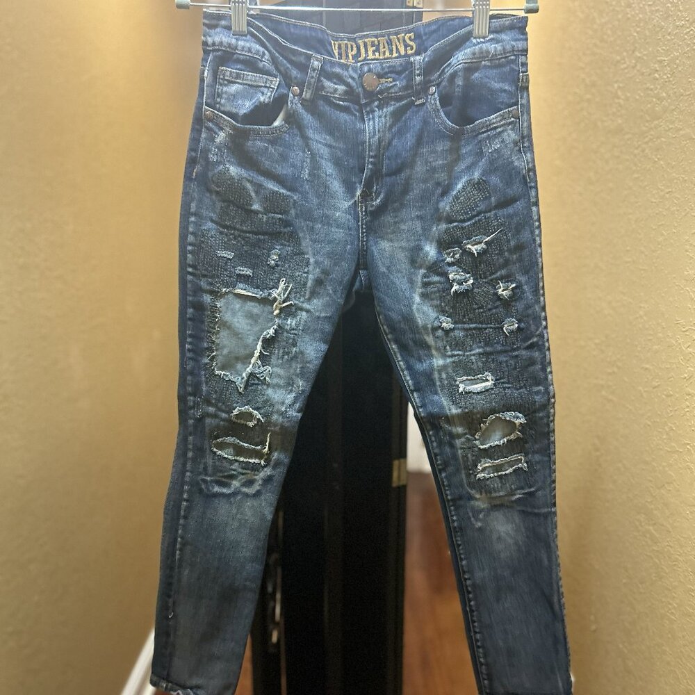 VIP Distressed Moto Skinny Jeans
